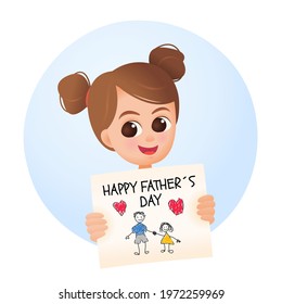 Fathers day card illustration with little girl daughter holding picture