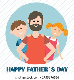 Father's day card with the image of father, son and daughter, color vector illustration in flat style, gift, design, decoration