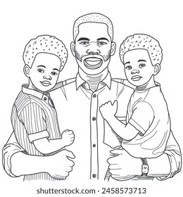Father's day card, line art style, father with twin sons, africans