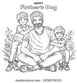 Father's day card, line art style, father with twin sons