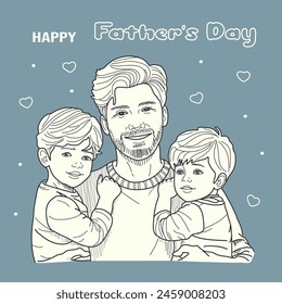Father's day card, line art style, father with twin sons