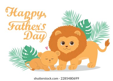 Father's day card with lion. Baby leo with dad. Vector illustration