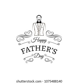 Fathers day card. Men silhouette. Swirls, calligraphic filigree elements, ornate frame. Greeting card for father day with decorations. Happy fathers day lettering. Vector illustration