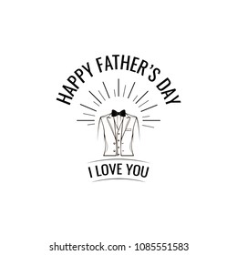 Fathers day card. Mens suit, Elegant costume, Bow tie. Fathers day symbols. Greeting card design. I love you lettering. Vector illustation.