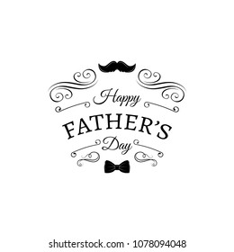 Fathers day card. Mustache, Bow tie. Greeting card with decorative swirls, ornate frames, filigree elements. Happy Fathers day lettering. Vector illustration