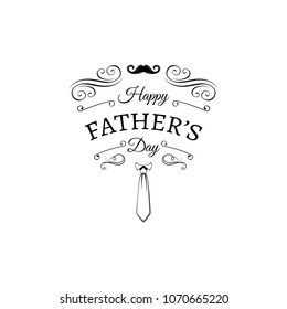 Fathers day card. Mustache, Tie. Swirls, decorative elements, ornate filigree frames. Greeting card. Necktie scroll flourish elements