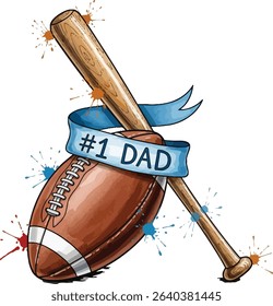 Fathers Day card with number one dad message, featuring American football and bat. A sporty tribute to active fathers, perfect for cards, posters, and family-themed print projects.
