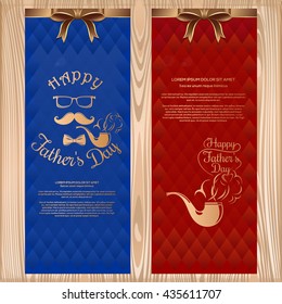Fathers Day card with ribbons and bows on a wooden background. Happy Fathers Day lettering. Vector illustration