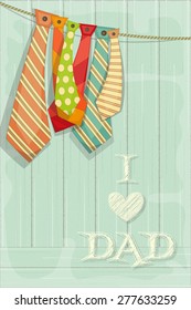 Father's Day Card with Set of Ties on Rustic Blue Wooden Background. Retro Style. Vector Illustration.