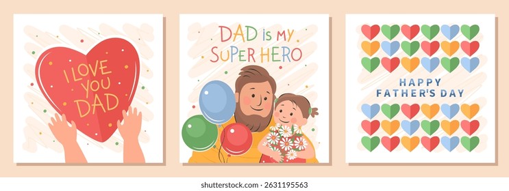 Father's Day card set. Vector cute illustration of dad and of little daughter. Template with holiday wishes for postcards, posters, banner, ads.