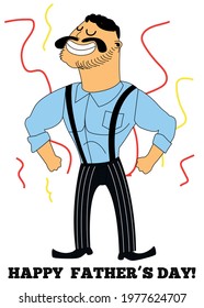 Father's day card. A spirited man in a business suit with a shirt, trousers and suspenders. Stock illustration of a 30 year old man with an athletic body.