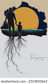 Father's Day card with subjective illustration of father and son, typography in Braille in Portuguese and English. Father's Day templates for poster, cover, banner, social media
