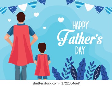 fathers day card with super dad and son characters vector illustration design