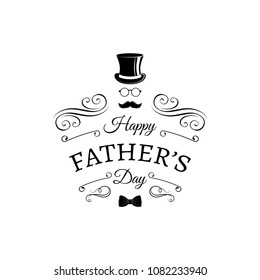 Fathers day card. Top hat, Glasses, Mustache, Bow tie. Greeting card. Swirls, decorative filigree element, ornamental frame. Vector illustration.