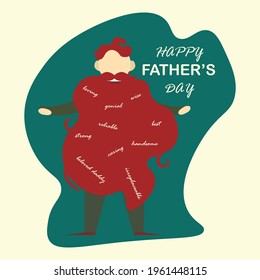 
Father's day card with words of gratitude and praise on his beard in bright colors in a flat style
