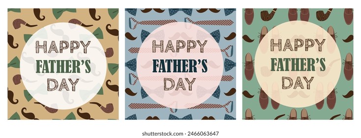 Father's Day cards set, concept with seamless patterns. Men's accessories, mustache. Vector illustration for holiday design