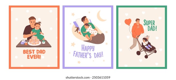 Father's Day cards set. Dad loves, cares his baby. Happy daddy and kid spends time together. Parent and son, daughter walk with child carriage. Family celebrates holiday. Flat vector illustrations