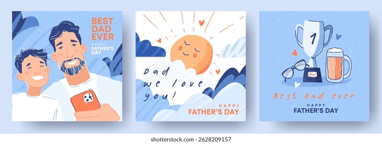 Fathers Day cards set featuring cute, fashionable hand-drawn illustrations of dad and son taking a selfie together, with a champion trophy, glasses and a beer, with Father's Day holiday wishes