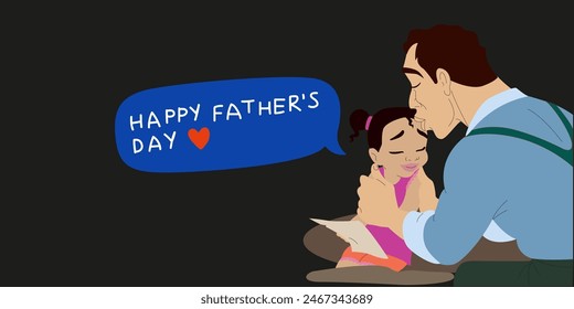 Ilustración de vacaciones de dibujos animados del Día del Padre para el Anuncio. Feliz día internacional del padre. Padre con su hija. Papi con la chica Pequeña. Ilustración de amor paterno 