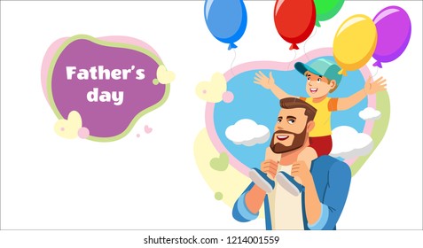 Väter Day Cartoon Horizontale Vektorillustration Konzept mit lächelnden Vater Reiten glücklichen Sohn auf seinen Schultern, farbige Ballons fliegen um Illustration auf weißem Hintergrund. Familienfeier, Feiertag
