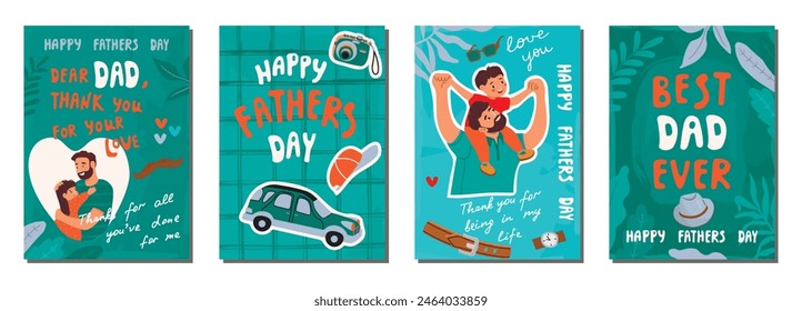  Día de los Padres colección de la tarjeta postal de dibujos animados. Conjunto de ilustraciones con papá y niños. Fondos con coche, letras, sombrero, bigote, reloj, cinturón, cámara. Diseño de Vector con artículos de familia feliz y hombres.