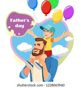 Fathers Day Cartoon Square Vector Concept with Happy Smiling Father and Son Playing Together on Holiday Celebration or Party Illustration on White Background. Family Values and Holiday Traditions