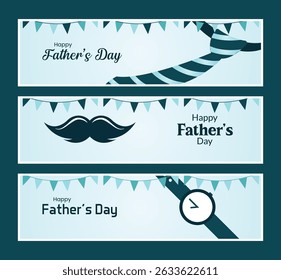 Father's Day Celebration Banner Set, Includes Mustache, Tie, Watch Elements Vector Designs for Posters, Cards, Social Media