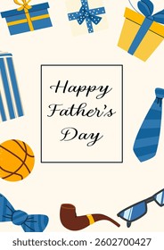 Fathers day celebration card design with gifts and accessories.