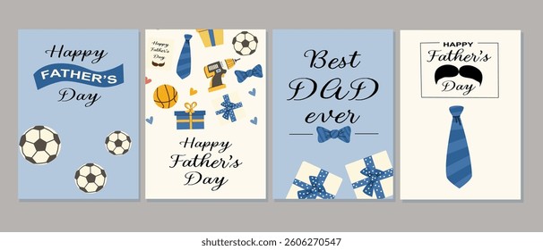 Father's day celebration card designs with ties, sports, and gifts themes.
