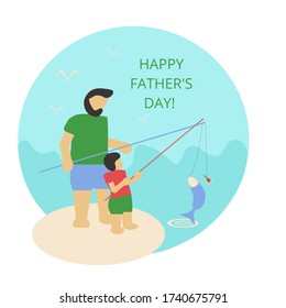 Father's day celebration card. Father and son go fishing