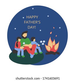 Father's day celebration card. father whith daughter and son in camping