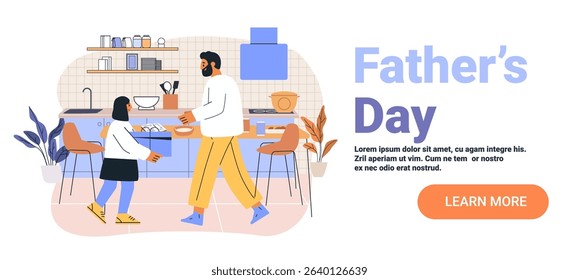 Fathers Day celebration dad receiving gift kitchen family cooking together modern home interior pastel colors web banner