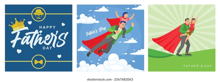 Father's Day celebration. Father and son wearing superhero costumes. Father playing with his children. Father's Day concept. Set flat vector illustration.