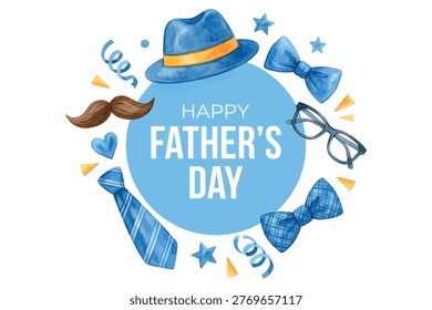 Father's Day celebration graphic featuring stylish blue-themed accessories like bowties spectacles fedora mustache and confetti surrounded by cheerful stars