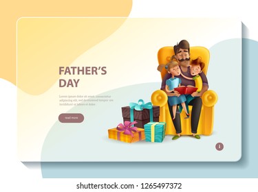 Fathers day celebration ideas stories presents online website design with dad hugging kids banner concept vector illustration