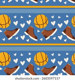 Father's day celebration pattern with shoes, basketball, and hearts for gift wrapping or card design.