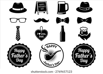 Father's Day celebration vector icons collection featuring classic dad accessories like hats, ties, glasses, and heartfelt messages on clean white background