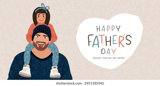 Celebración del Día del Padre, ilustración plana de una niñita sentada en los hombros de su padre. Familia feliz. Sonrisa y alegría reflejadas en las caras