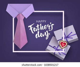 Fathers Day. Celebratory background with a classic collar shirt with stylish tie, gifts, ettering. Paper cut. Vector illustration