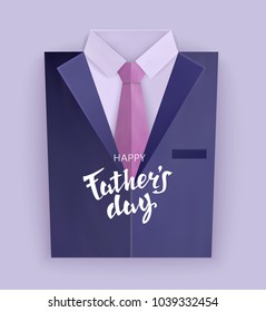 Fathers Day. Celebratory background with a classic shirt, stylish tie and gifts. Paper cut. Vector illustration