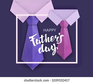 Fathers Day. Celebratory background with a classic shirt, stylish tie and lettering. Paper cut. Vector illustration