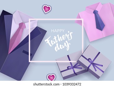 Fathers Day. Celebratory background with a classic shirt, stylish tie and gifts. Paper cut. Vector illustration