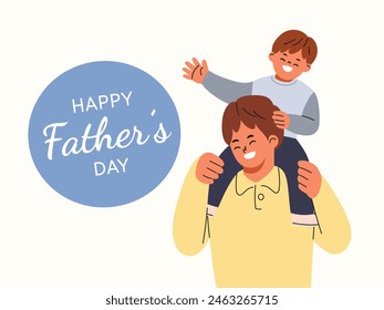 Father's Day, Child riding on dad neck. Happy family. Flat cartoon style vector illustration