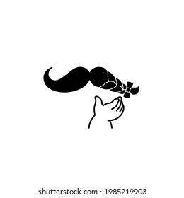 Father's day. The child's hand is playing with the dad's mustache. The pigtail as a gift to the parent. Birthday logo, symbol, icon. Illustration, isolated vector.