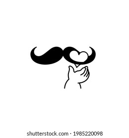 Father's day. The child's hand is playing with the dad's mustache. The heart  as a gift to the parent. Birthday logo, symbol, icon. Illustration, isolated vector.