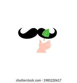 Father's day. The child's hand is playing with the dad's mustache. The leaf as a gift to the parent. Birthday logo, symbol, icon. Illustration, isolated vector.
