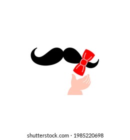 Father's day. The child's hand is playing with the dad's mustache. The bow as a gift to the parent. Birthday logo, symbol, icon. Illustration, isolated vector.