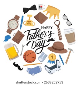 Father's Day circular frame with male elements and dad symbols, perfect for congratulations card, message, or festive decoration
