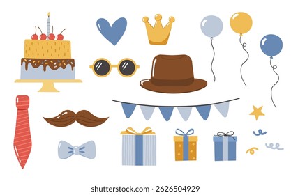Elementos clipart do Dia dos Pais. Bigode, chapéu, óculos, bolo isolado. Ilustração de feriado de desenhos animados