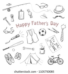 Father's Day. Collection of hand drawings of male accessories on white background